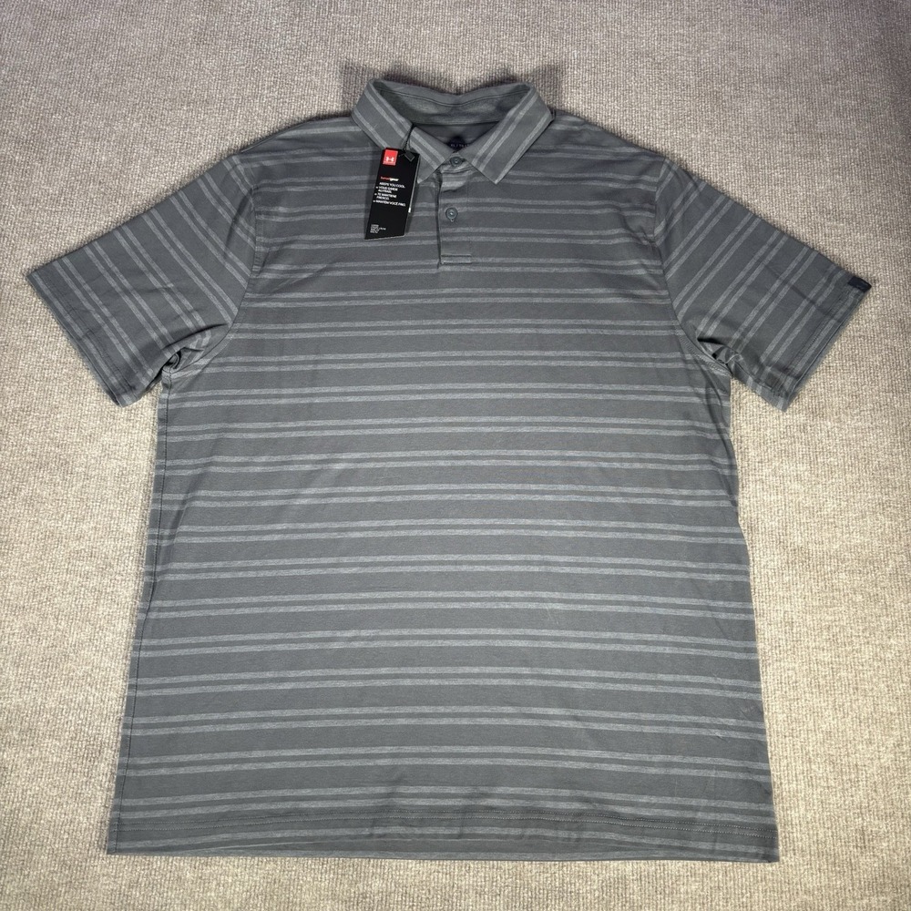 Under Armour Polo Shirt Mens XL Loose Gray Striped Charged Cotton Golf NWT - Picture 2 of 10